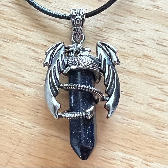 New Dragon Blue Sandstone Hexagonal Amulet Chakra Pendant Necklace w Cord - Picture 3 of 8